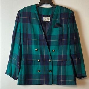 Vintage Le Suit Blazer Size 14 Blue Green Plaid Double Breasted